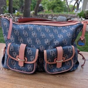 Dooney & Bourke Blue & Tan Signature Denim Shoulder Bag Purse, Vintage Y2K